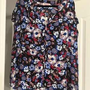 Philosophy Blue and White Ruffled Blouse with Notched Collar